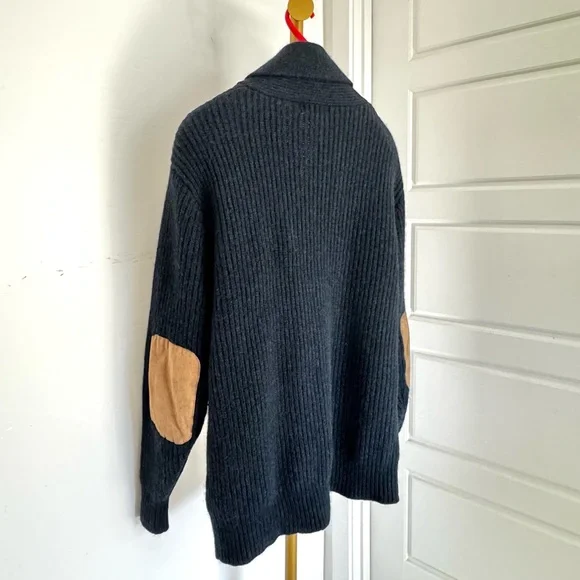 Men’s Grandpacore Navy Blue Ribbed Wool Shawl Collar Cardigan Elbow Patch Sz XL - Picture 8 of 12